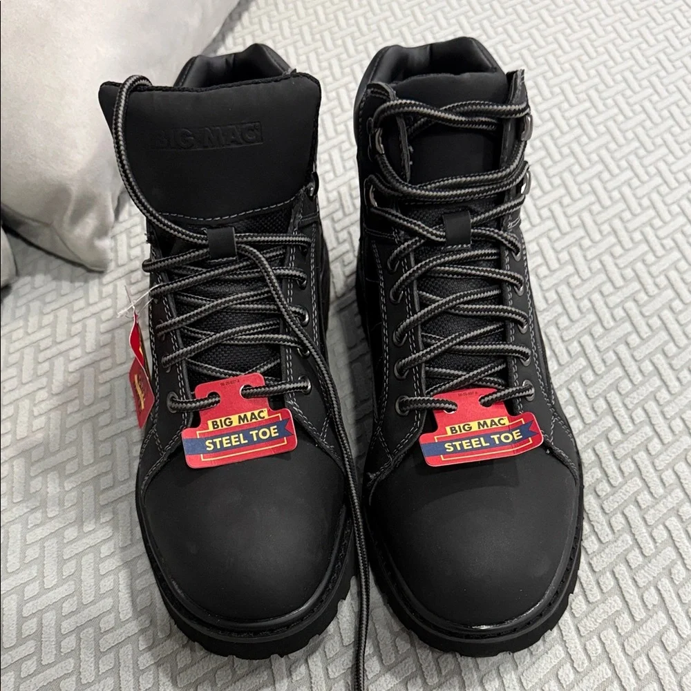 Big Mac Steel Toe Boots Size 7M Black Memory Foam Oil Sleep Resistant Light